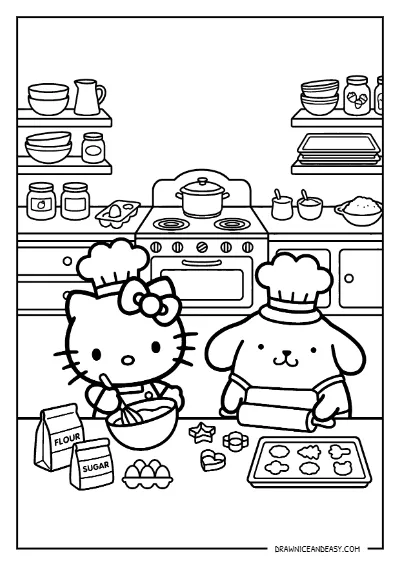 Hello Kitty and Pompompurin Baking Kitchen Coloring Page – Free PDF coloring page preview