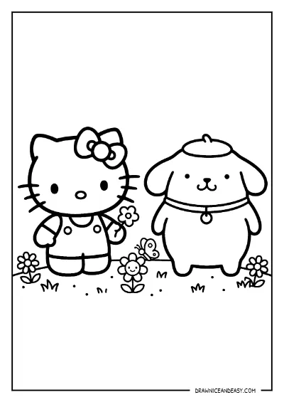 Hello Kitty and Pompompurin Friends Coloring Page – Free PDF coloring page preview