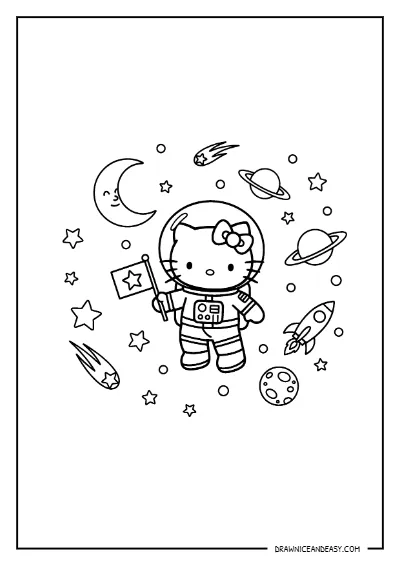 Hello Kitty Astronaut Space Coloring Page – Free PDF coloring page preview