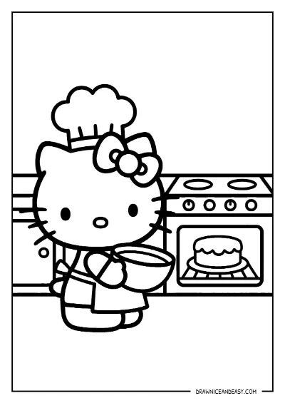 Hello Kitty Baking Cake Kitchen Coloring Page – Free PDF coloring page preview