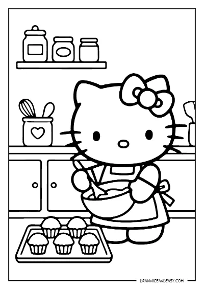 Hello Kitty Baking Cupcakes Coloring Page – Free PDF coloring page preview