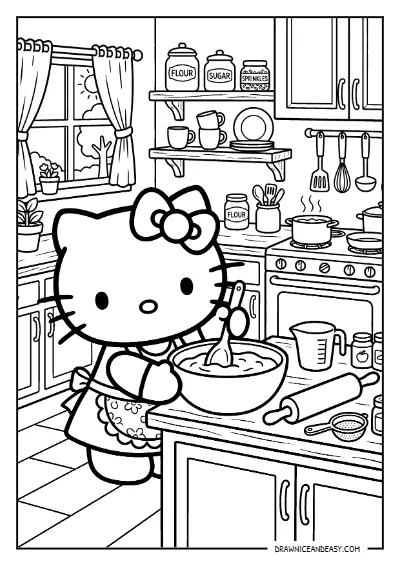 Hello Kitty Baking in the Kitchen Coloring Page – Free PDF coloring page preview