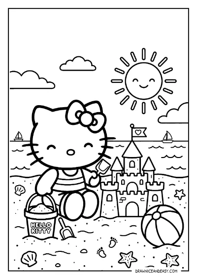 Hello Kitty Beach Sandcastle Summer Coloring Page – Free PDF coloring page preview