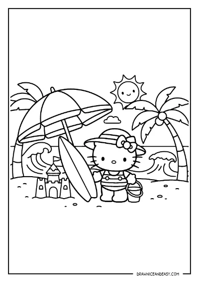 Hello Kitty Beach Umbrella Coloring Page – Free PDF coloring page preview