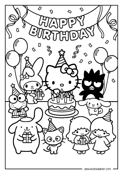 Hello Kitty Birthday Party Celebration Coloring Page – Free PDF coloring page preview