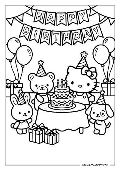 Hello Kitty Birthday Party Scene Coloring Page – Free PDF coloring page preview