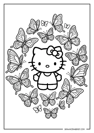 Hello Kitty Butterflies Circle Frame Coloring Page – Free PDF coloring page preview