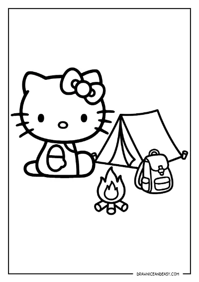 Hello Kitty Camping Tent Outdoor Coloring Page – Free PDF coloring page preview