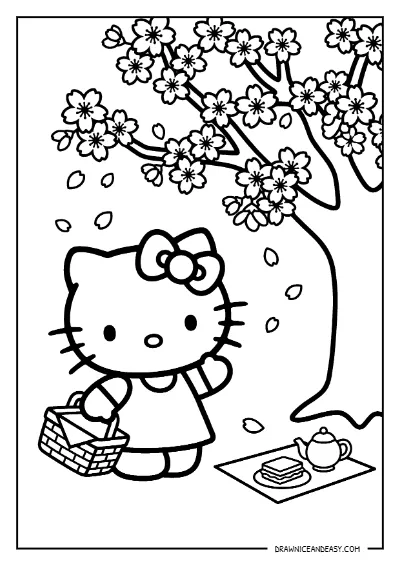 Hello Kitty Cherry Blossom Tree Coloring Page – Free PDF coloring page preview