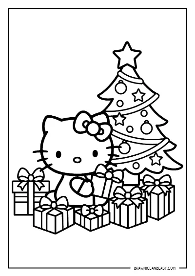 Hello Kitty Christmas Gifts Tree Coloring Page – Free PDF coloring page preview