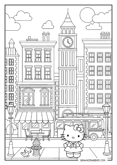 Hello Kitty City Street Building Coloring Page – Free PDF coloring page preview