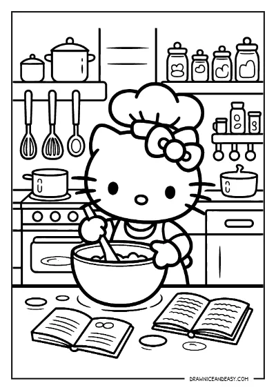 Hello Kitty Cooking Kitchen Mixing Bowl Coloring Page – Free PDF coloring page preview