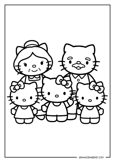 Hello Kitty Family Group Coloring Page – Free PDF coloring page preview