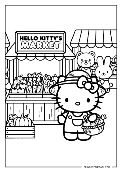 Hello Kitty Farmers Market Shopping Coloring Page – Free PDF coloring page preview