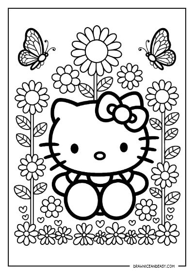 Hello Kitty Flower Frame Background Coloring Page – Free PDF coloring page preview