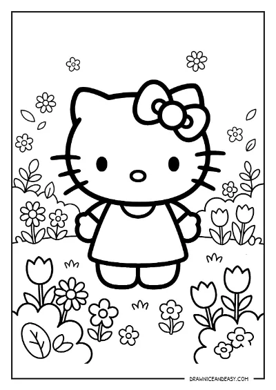 Hello Kitty Flower Garden Cute Coloring Page – Free PDF coloring page preview