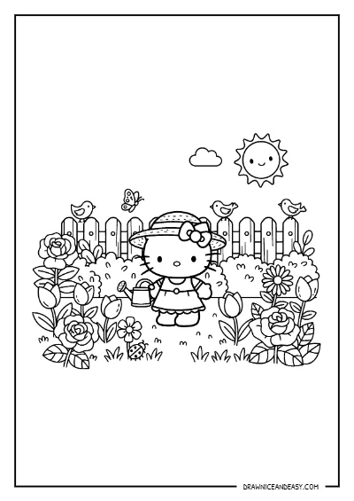 Hello Kitty Flower Garden Scene Coloring Page – Free PDF coloring page preview
