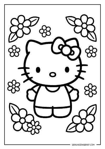 Hello Kitty Flowers Background Coloring Page – Free PDF coloring page preview