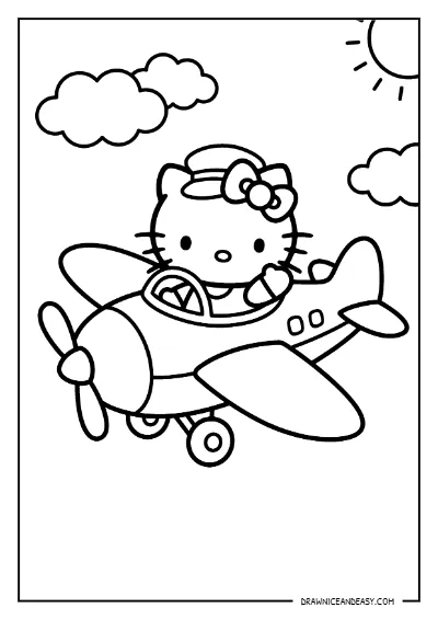 Hello Kitty Flying Airplane Adventure Coloring Page – Free PDF coloring page preview