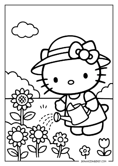 Hello Kitty Gardening Flowers Coloring Page – Free PDF coloring page preview