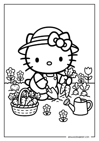 Hello Kitty Gardening Harvesting Carrots Coloring Page – Free PDF coloring page preview