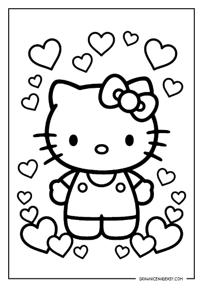 Hello Kitty Hearts Background Coloring Page – Free PDF coloring page preview