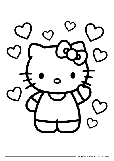 Hello Kitty Hearts Love Coloring Page – Free PDF coloring page preview