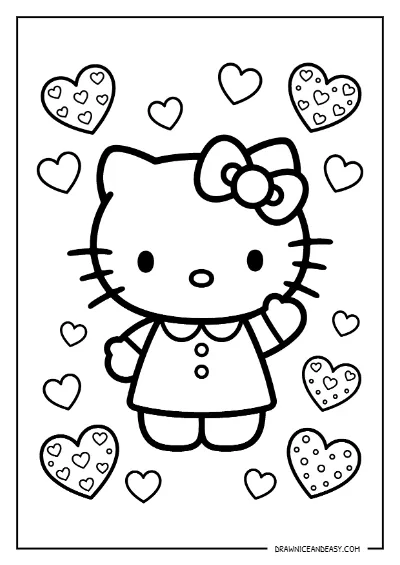 Hello Kitty Hearts Love Theme Coloring Page – Free PDF coloring page preview