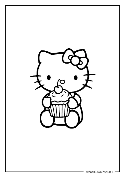 Hello Kitty Holding Cupcake Coloring Page – Free PDF coloring page preview