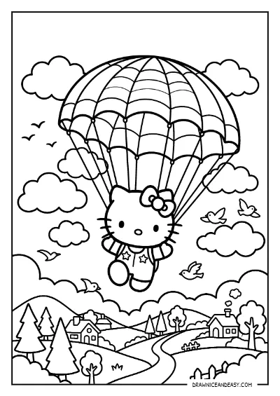 Hello Kitty Hot Air Balloon Clouds Coloring Page – Free PDF coloring page preview