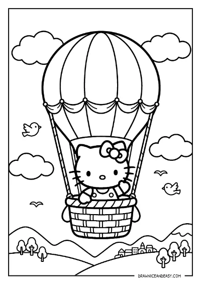 Hello Kitty Hot Air Balloon Sky Adventure Coloring Page – Free PDF coloring page preview