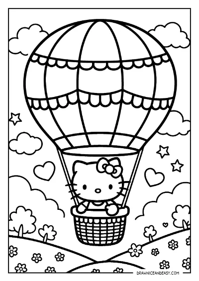 Hello Kitty Hot Air Balloon Sky Coloring Page – Free PDF coloring page preview