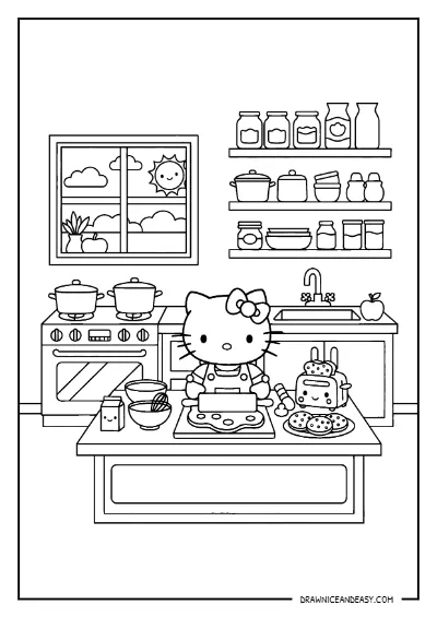 Hello Kitty Kitchen Cooking Scene Coloring Page – Free PDF coloring page preview