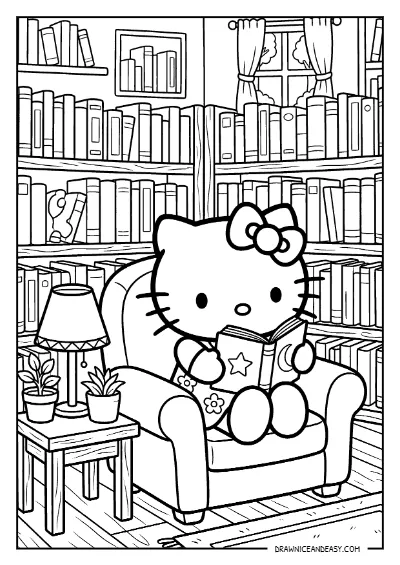 Hello Kitty Library Bookshelf Reading Coloring Page – Free PDF coloring page preview
