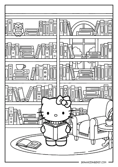 Hello Kitty Library Reading Room Coloring Page – Free PDF coloring page preview
