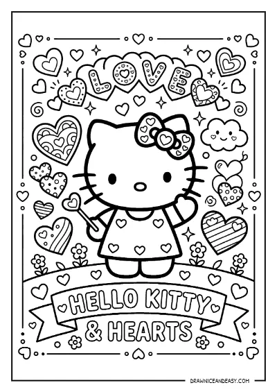 Hello Kitty Love Hearts Background Coloring Page – Free PDF coloring page preview