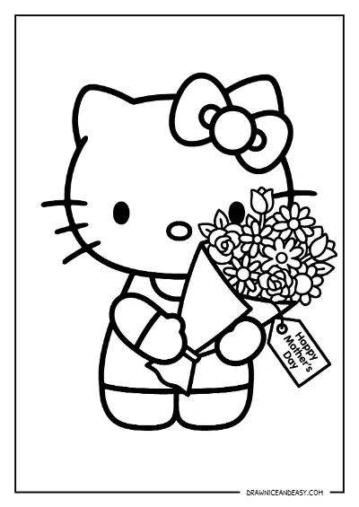 Hello Kitty Mother's Day Flower Bouquet Coloring Page – Free PDF coloring page preview