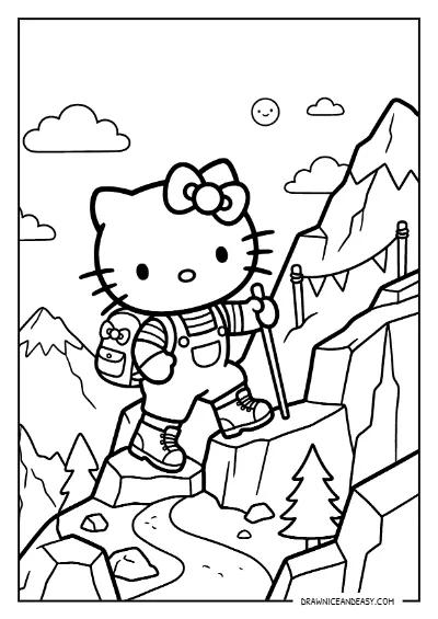 Hello Kitty Mountain Climbing Adventure Coloring Page – Free PDF coloring page preview