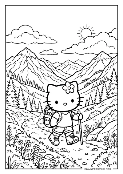 Hello Kitty Mountain Nature Hiking Coloring Page – Free PDF coloring page preview