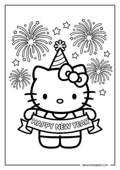 Hello Kitty New Year Fireworks Celebration Coloring Page – Free PDF coloring page preview