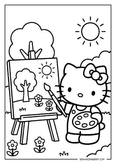 Hello Kitty Outdoor Art Painting Coloring Page – Free PDF coloring page preview