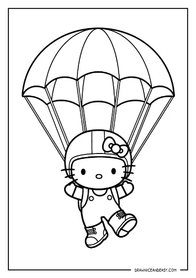 Hello Kitty Parachuting Sky Adventure Coloring Page – Free PDF coloring page preview