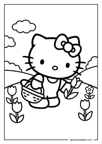 Hello Kitty Picking Flowers Garden Coloring Page – Free PDF coloring page preview