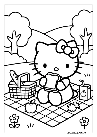 Hello Kitty Picnic Scene Coloring Page – Free PDF coloring page preview