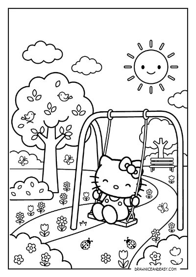 Hello Kitty Playground Slide Coloring Page – Free PDF coloring page preview