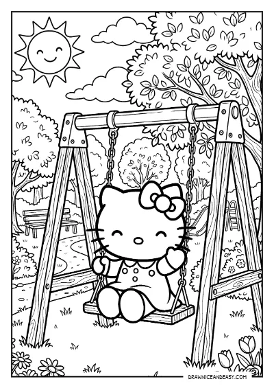 Hello Kitty Playground Swing Coloring Page – Free PDF coloring page preview