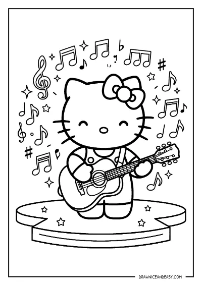 Hello Kitty Playing Guitar Music Coloring Page – Free PDF coloring page preview