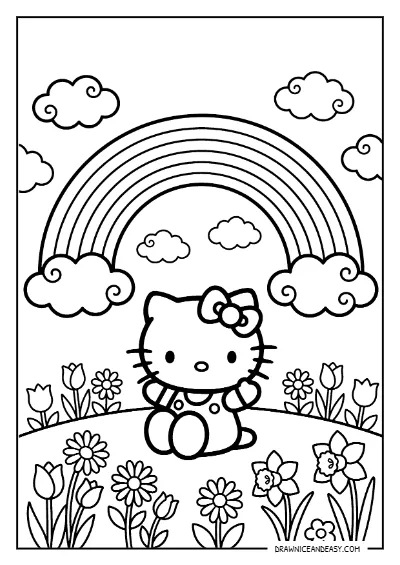 Hello Kitty Rainbow Sky Coloring Page for Kids Coloring Page – Free PDF coloring page preview