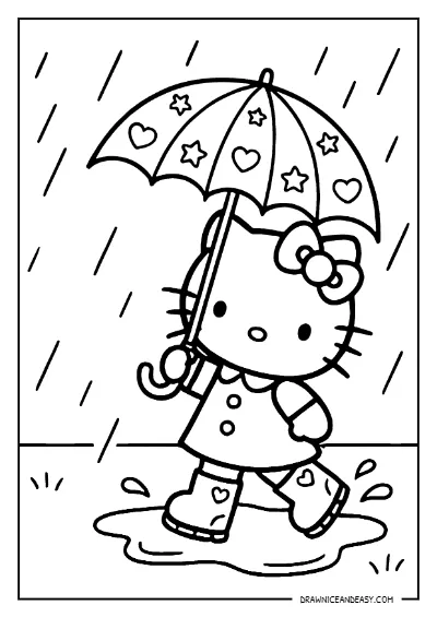Hello Kitty Rainy Day Umbrella Coloring Page – Free PDF coloring page preview