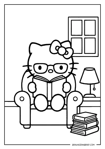 Hello Kitty Reading Book on Sofa Coloring Page – Free PDF coloring page preview